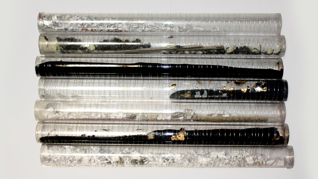 Luam Melake, Without Qualities 2018 Acrylic tube, plastic thread, Tar, rubber, cement, paper,Imitation gold and silver leaf. Rocks, foam, steel, wool, metal chain, pennies, 37,5 x 63,5 cm. Courtesy of the Artist and Addis Fine Art