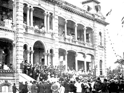 The Proclamation of the Republic of Hawaiʻi held at ʻIolani Palace in Honolulu on July 4, 1894, marking the official establishment of the new government
