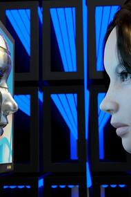 A female mannequin gazes at a computer screen, exploring the world of Generative AI and Artificial Intelligence
