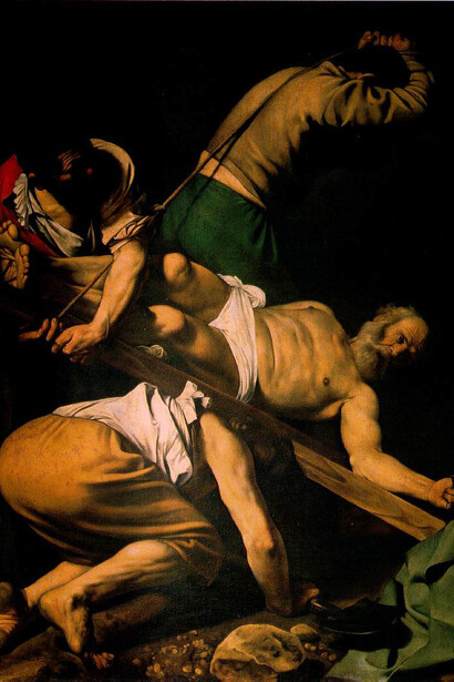 Caravaggio. La crucifixión de San Pedro. 1601. Pintura al óleo. 230 x 175 cm. Capilla Cerasi, Santa Maria del Popolo, Roma