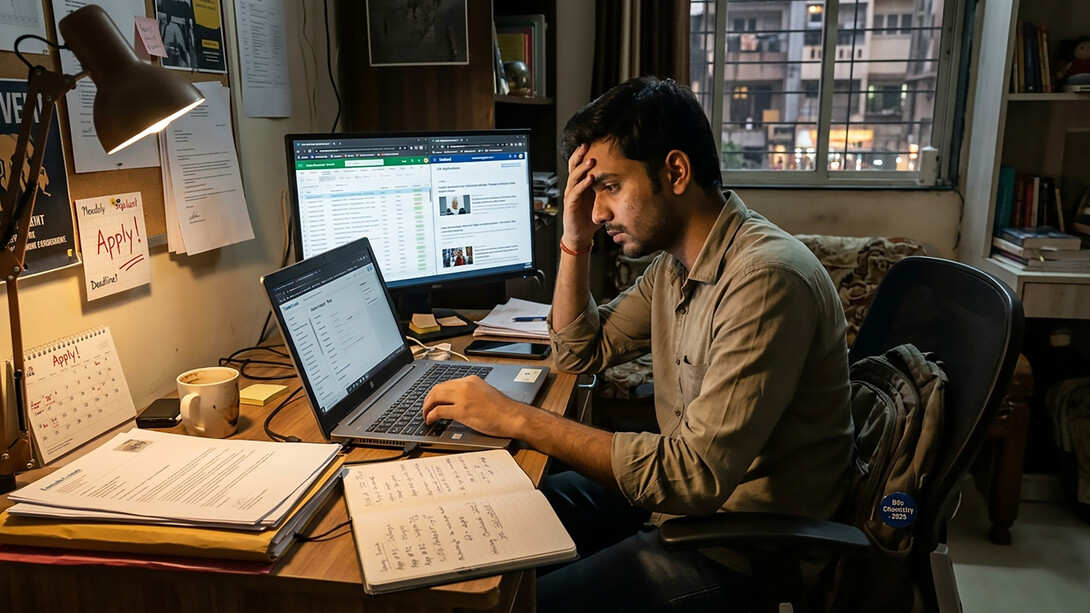 A young Indian graduate sits in a dimly lit room, exhausted and overwhelmed by a sea of digital applications and paperwork that highlight the grueling reality of navigating a hyper-competitive and structural job crisis