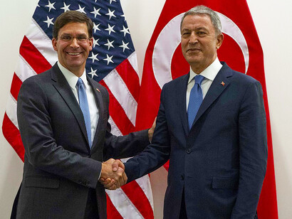 Acting U.S. Secretary of Defense Mark T. Esper meets Turkish Minister of National Defense Hulusi Akar at NATO headquarters, Brussels, Belgium, June 26, 2019