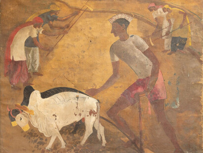B. C. Sanyal, Man with a plough and two bulls (detail), 1955. Courtesy of DAG
