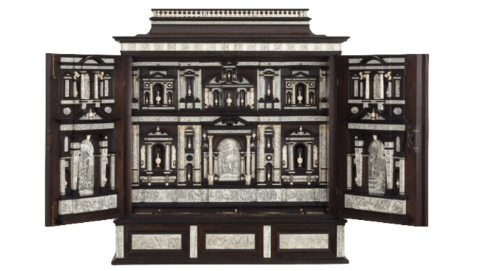 Neapolitan Cabinet, Giacomo Fiammingo, ivory engraving by Giovanni Battista de Curtis and Januarius Picicaroum around 1600 Naples ebony, ivory106 x 101,1 x 60,9 cm