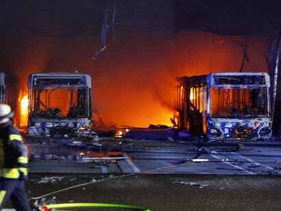 The blaze completely destroyed 25 buses of different models and kinds, including two with electric drives