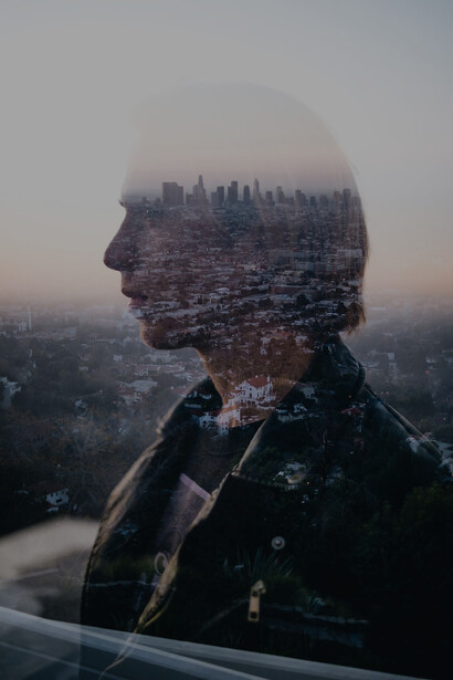 The reflection of a male figure