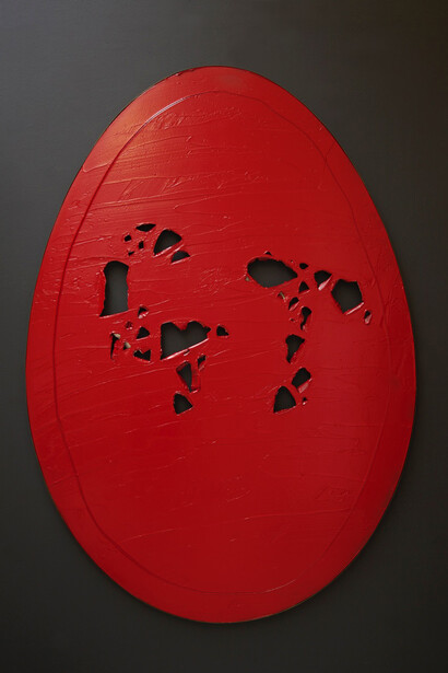 Gavin Turk (b. 1967), Holy Egg (Red), 2014, Acrylic on canvas, 173 x 122 cm; (68 1/8 x 48 1/8 in.)