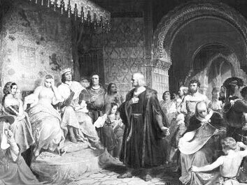 Emanuel Gottlieb Leutze (1816–1868). "Colón ante la Reina", Isabel I de Castilla, Fernando II de Aragón y Cristóbal Colón, 1843. Óleo sobre lienzo, Museo de Brooklyn, Nueva York, EE. UU.