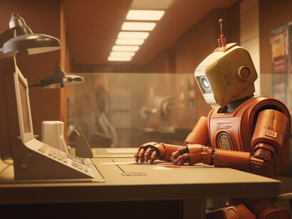 An anthropomorphic robot typing at a desk, illustrating how robots may take on regular human jobs in the future