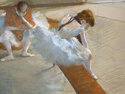 Edgar Degas, Dancers Resting, 1881–85. Pastel on paper mounted on cardboard. Juliana Cheney Edwards Collection.
