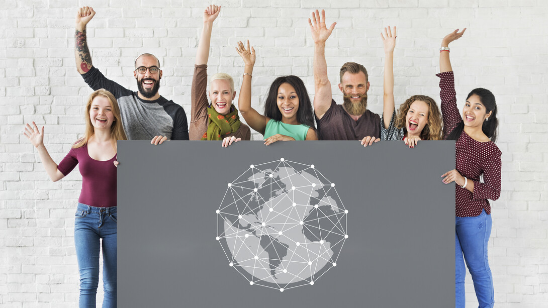 People holding network graphic overlay banner