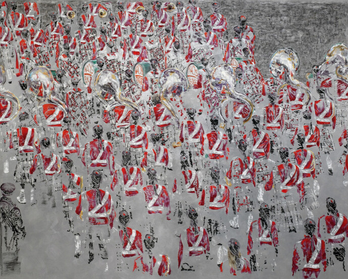 Ena Swansea, Scottish marching band, 2017, oil and acrylic on graphite on linen, 228.6 x 289.6 cm. (90 x 114 in.)