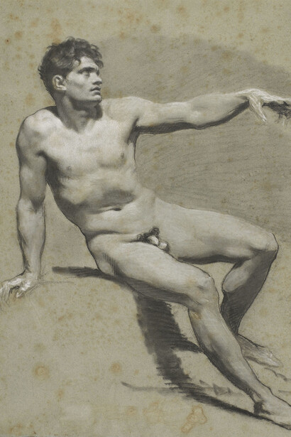 Pierre-Paul Prud’hon, Seated Nude, arm extended, black and white chalk on blue-tinted paper, © cliché Bernardot- Musée Baron Martin-France
