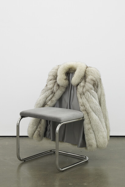 Nicole Wermers, Untitled Chair - FXG-2, 2015, Vintage fur, steel tubing, upholstery, silk and velvet, 85 x 65 x 60 cm / 33.4 x 25.5 x 23.6 in