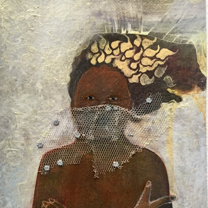 Deirdre O' Connell, Fire (detail )(2020), Laser Print, Acrylic Paint, Gouache, Pencil and Lace On Paper, 10.5 x 5 Inches; 15 x 9.5 Inches. Courtesy of the artist and Susan Eley Fine Art