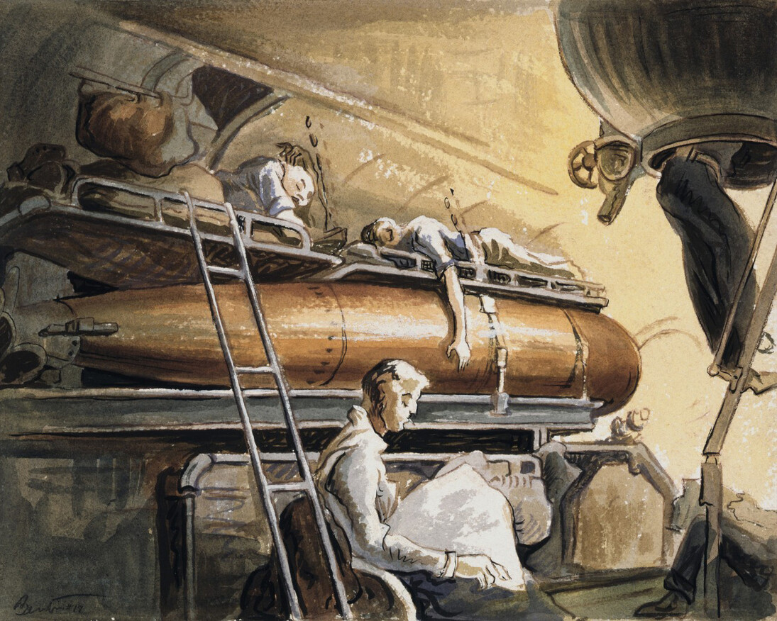 Thomas Hart Benton (American, 1889 – 1975), Slumber Deep, 1943, watercolor on paper, 20 x 23 in. (framed dim.), Navy Art Collection, Naval History and Heritage Command, Washington, D.C., 88-159-BO.