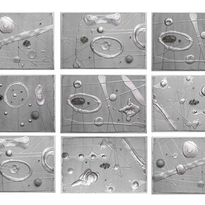 Enrico T. De Paris, Cosmic map, 2011, 190 x 130 cm, paper acid free, acrylic paint, inox magnetic balls, pvc figures, synthetic paint, adhesive hybrid polymer