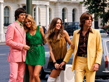 A lively scene of 1960s London street fashion, where stylish young people in Mod-inspired outfits captured the energy, creativity, and modernity of the Swinging London era