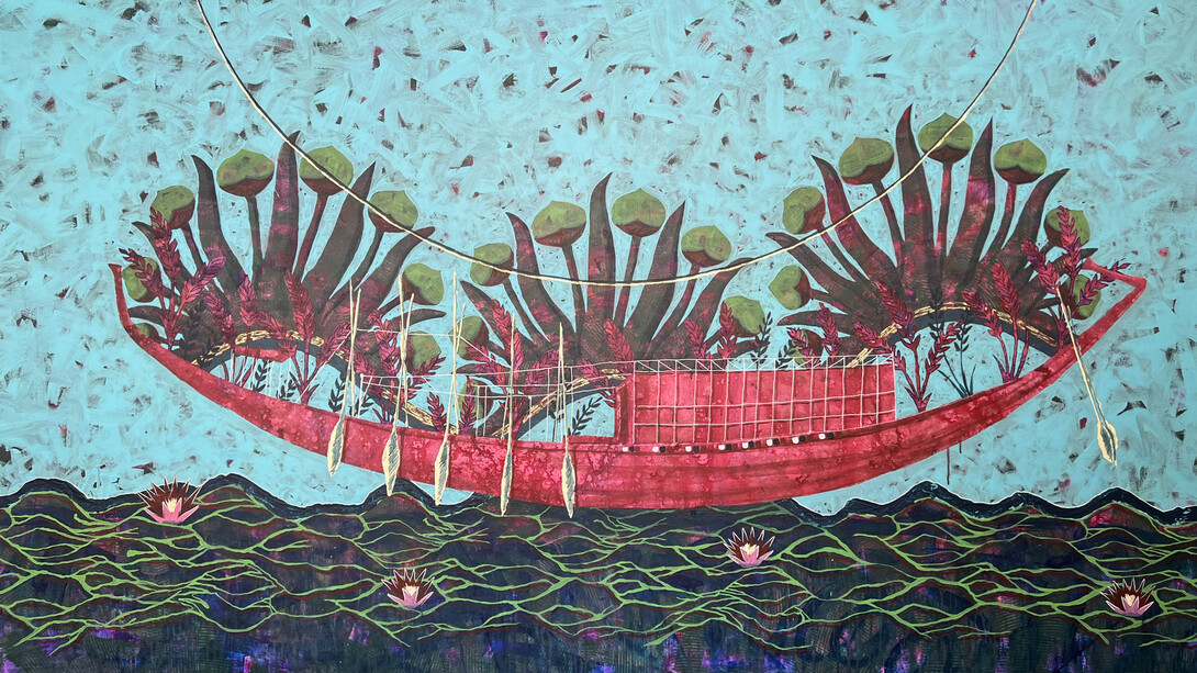 Jamal Bassiouni, Flowers of The Blacksea (detail), 2024. Acrylic on Canvas, 110 X 200 cm. Courtesy of the artist and Artbooth Gallery