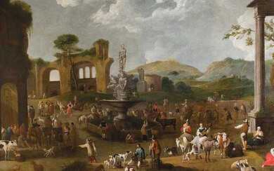 Peeter van Bredael (1629–1719). «Un mercado en Italia», siglos XVII-XVIII. Óleo sobre lienzo. Doyle.com. Nueva York, EE. UU.