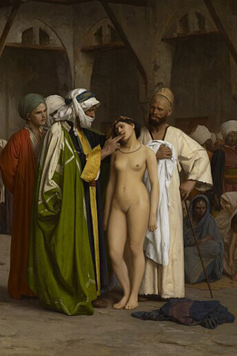 During the Barbary slave raids, European women were often captured and sold in North African slave markets, a theme reflected in Jean-Léon Gérôme’s The Slave Market