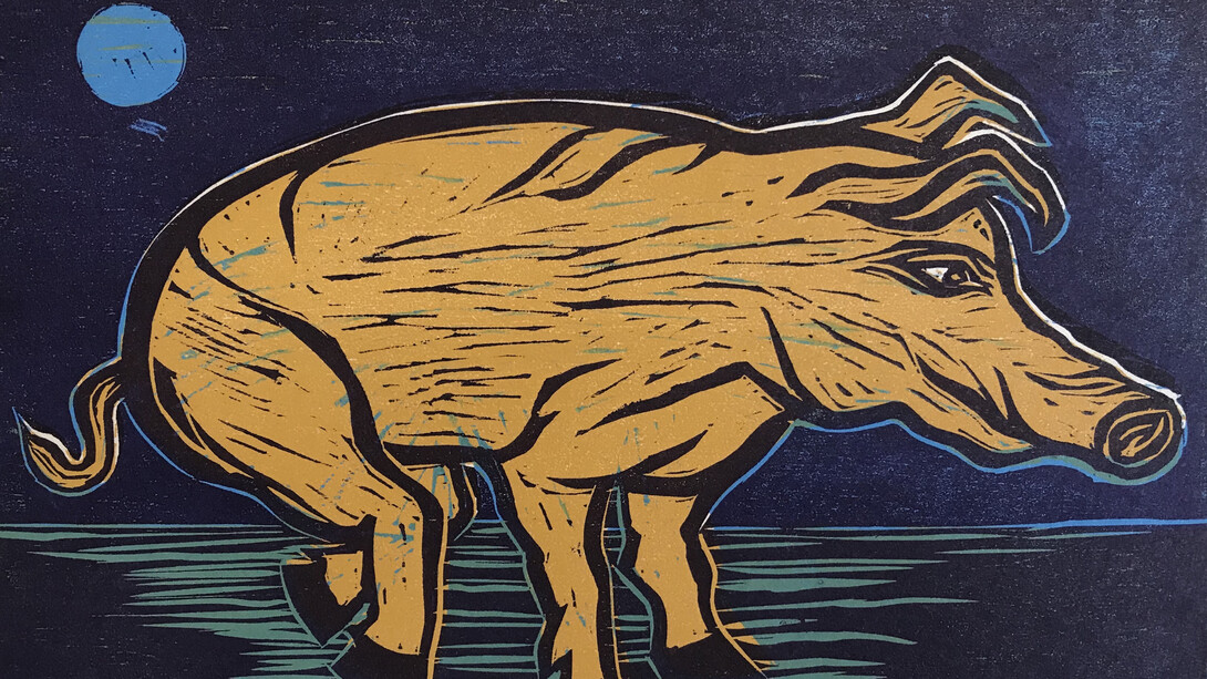 Eileen Cooper, Pig (Blue Moon), Linocut printed in colours, 2020, 24 x 31cm | © Eileen Cooper 2021