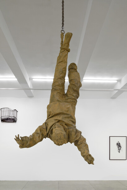 Juan Muñoz, Installation (Center), Figure Hanging from One Foot, 2001, Bronze and galvanized steel, 70-13/16 x 27-1/2 x 33-7/16 in. / 180 x 70 x 85 cm