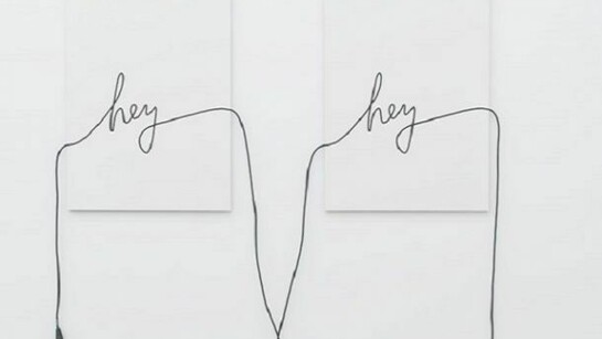 James Hoff, Hey Hey, 2013, Enamel on MDF, audio cable, 2 panels: 24 x 18 inches each, 25 x 46 inches overall, Courtesy of the artist; Callicoon Fine Arts, New York; Lisa Cooley, New York, Photo: Cary Whittier