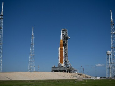 NASA’s Artemis II SLS rocket and Orion spacecraft are seen lit up at Launch Complex 39B, Kennedy Space Center, Florida, USA, on January 17, 2026