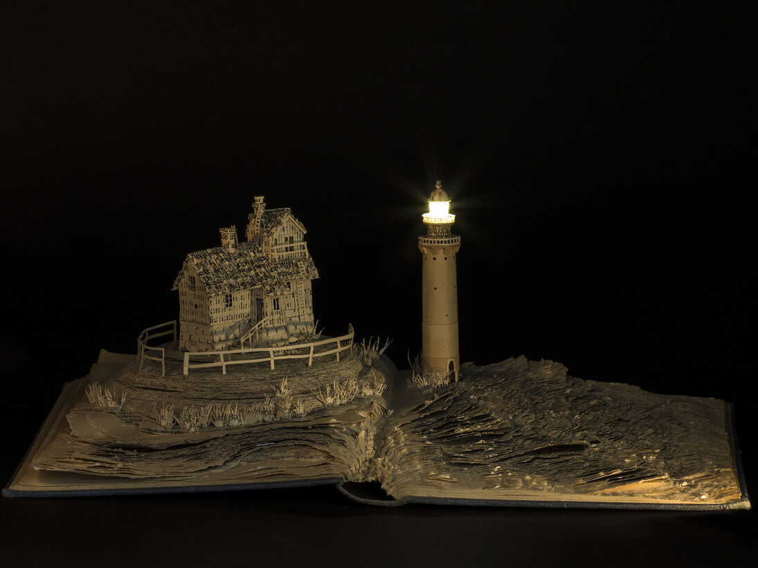 Su Blackwell, The Lighthouse Keeper’s Cottage, 360mm w x 240mm h x 260mm d, Paper, book, lights, paper sculpture in glass and wood box
