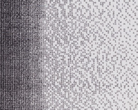 Willem Hendrik Boshoff,Untitled from the series Kykafrikaans, 1980.
Typewriting on paper, 14 3/16 x 11 inches.
Collection of Pérez Art Museum Miami, acquired from the Sackner Archive of Concrete and Visual Poetry, with support from the John S. and James L. Knight Foundation. Gift of Ruth and Marvin A. Sackner, and the Sackner Family Partnership. Photo: Sid Hoeltzell