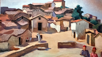 Kabyle Village Square, a work by Henri Clamens, housed in the Narbonne Museum of Fine Arts, depicting communal life in a Kabyle settlement