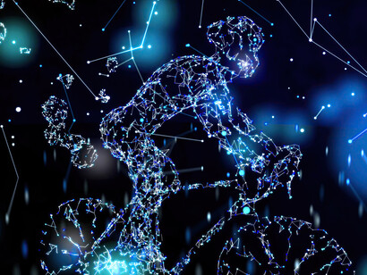 Illustrazione astratta di ciclista: "L’Intelligenza Artificiale Generale (AGI) rappresenta, fin dalle origini dell’IA, l’orizzonte ideale sognato dai suoi promotori"