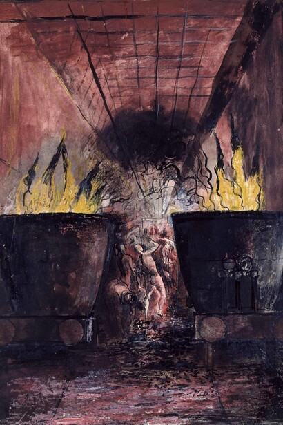 Graham Vivian Sutherland (1903‒1980), The Smelting Works, ‘Twin Ladles’, 1941, Watercolour and wax crayon, pen and ink, 50.5 x 36.6 cm © The Estate of Graham Sutherland
