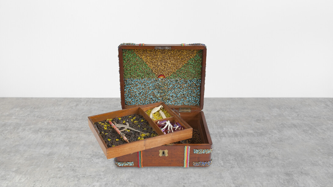 Lucas Samaras (b.1936), Box #63, 1967, wood construction with plastic, yarn, metal, painted metal, pencil, hair pin, bones, paper and glass. Courtesy of Michael Rosenfeld Gallery LLC, New York, NY.