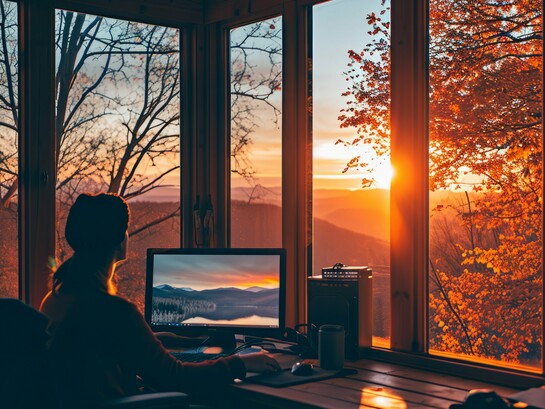 A founder at work overlooking the beauty of nature, reflecting the harmony between focused productivity and the natural world