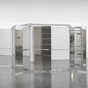 Carsten Höller, Revolving Doors, 2004-2016, Five mirrored three-winged revolving glass doors, aluminum, polypropylene panels, 219 11/16 × 219 11/16 × 89 3/4 inches (558 × 558 × 228 cm). Artwork © Carsten Höller. Photo by Rob McKeever. Courtesy Gagosian