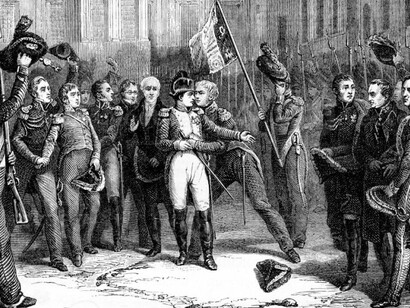 A vintage engraving depicting Napoleon’s Farewell at Fontainebleau, capturing the emotional departure of the emperor from his loyal troops