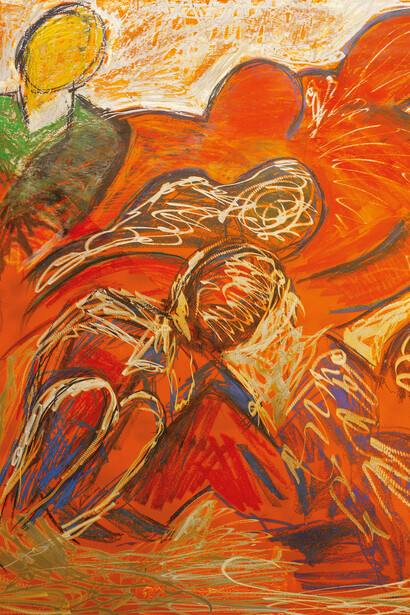 Piccolo gruppo, bassorilievo, tecnica mista su ferro cm 180 x 60 x 180, 2003