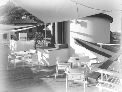 The seating area of the restaurant was built and styled like a cruise ship near the Castiglione della Pescaia marina, Italy