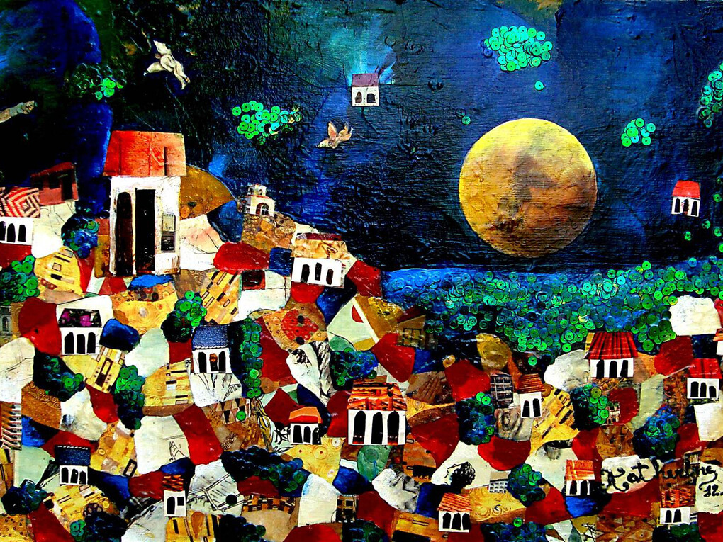 Katherine Camargo, Angels in the Sky, Acrylic & Collage on Canvas, 19.5" x 31.5"