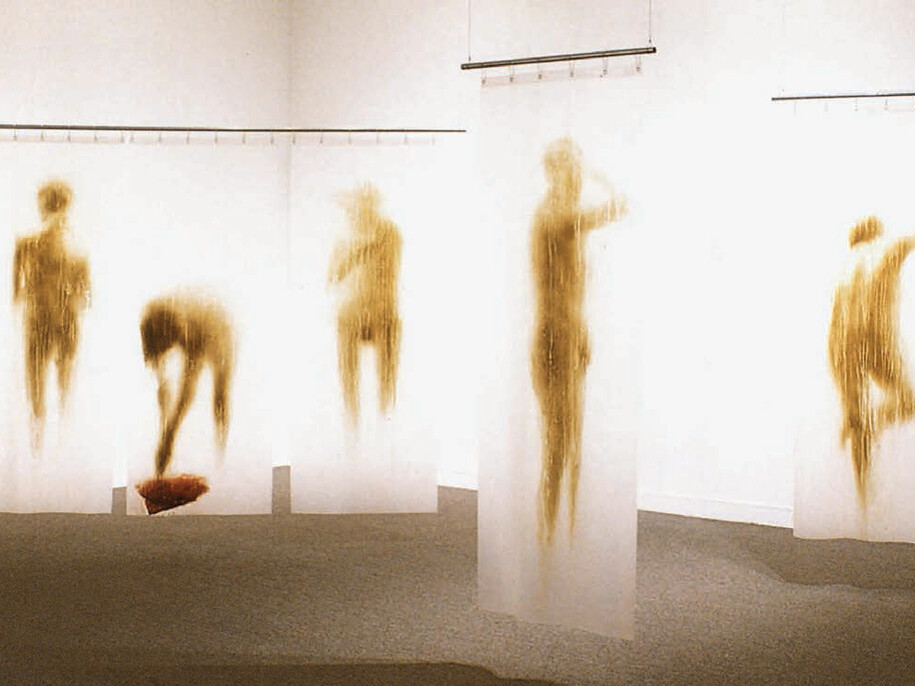 Oscar Muñoz, Cortinas de baño [Shower Curtains], 1985–1986. Acrylic on plastic, 5 elements, 190 x 140 cm and 190 x 70 cm each, various dimensions. Collection Banco de la República