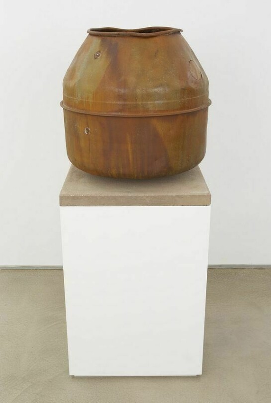 Alexandre da Cunha, Full Catastrophe (drum XIV), 2013, cement mixer drum, concrete, wooden plinth, plinth and object: 57.5 x 23.5 x 23.5 in. / 146.05 x 59.69 x 59.69 cm, object: 23.5 x 22.75 x 22.75 in. / 59.69 x 57.79 x 57.79 cm, Images courtesy the artist and CRG Gallery, New York