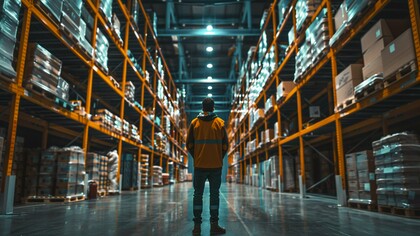 A logistics worker surrounded by extensive warehouse inventory, symbolising the dependence of conventional operations on human labour