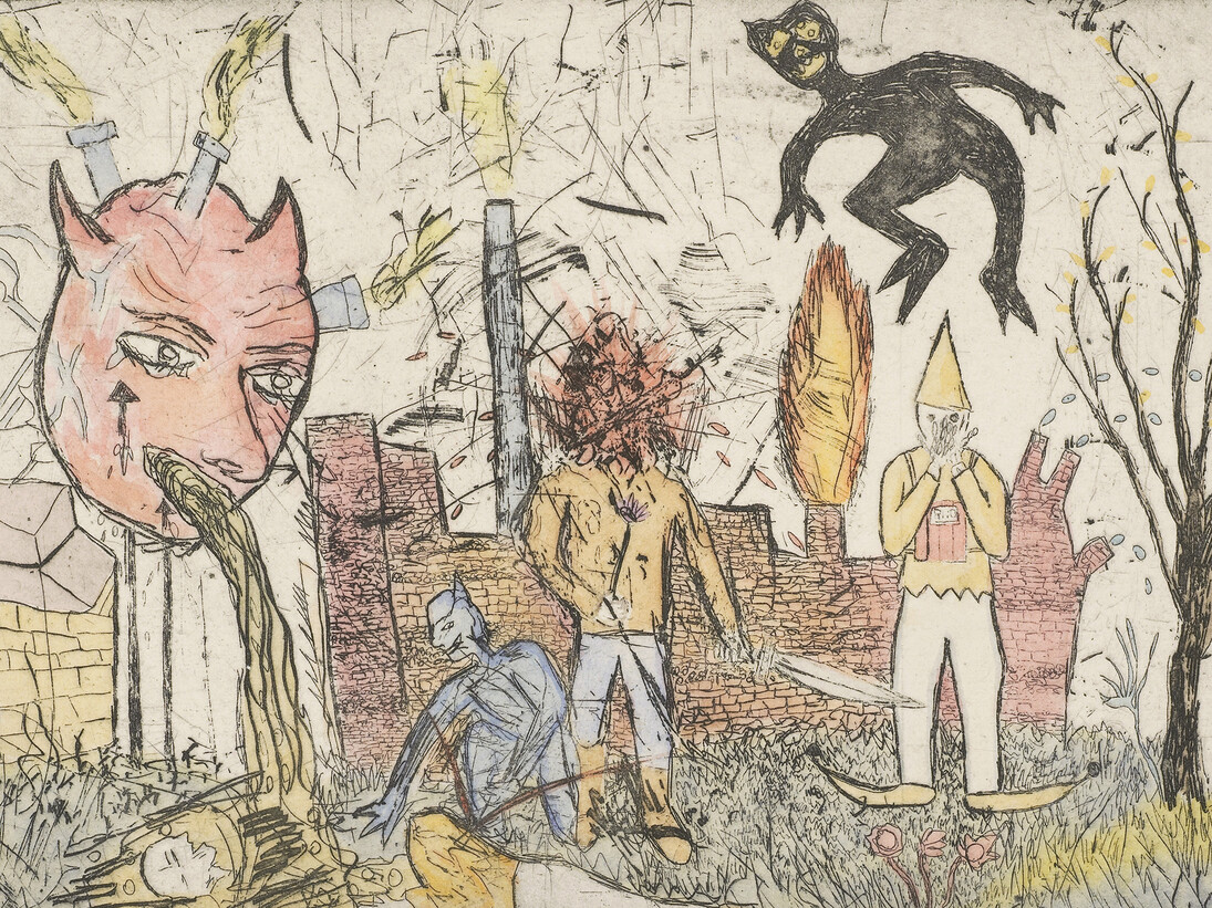 Oliver McConnie, Factory Town, 2015. Hand-coloured etching