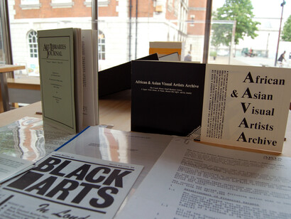 Selection of material from the Recordings Project Archive, policy documents and art documentation (ACAA), Courtesy the African-Caribbean, Asian and African Art in Britain (ACAA) Archive, Chelsea College of Arts Library, University of the Arts London, image courtesy of Chelsea space
