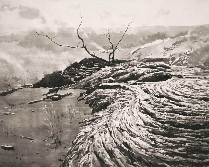 Kaʻū Desert, 2017, Ink, carbon and volcanic ash on paper, Paper and image 137.0 x 197.0 cm. © Emma Stibbon, 2017. Courtesy artist and Alan Cristea Gallery, London 