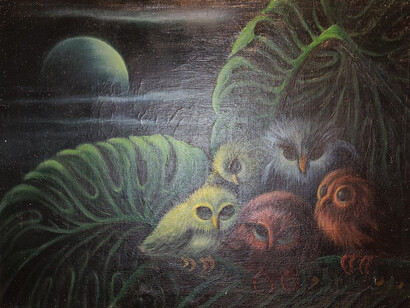 Luisa González Feo; Búhos pichones, óleo, 1961