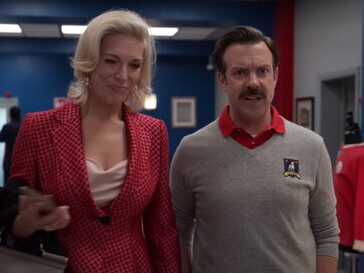 Jason Sudeikis as Ted Lasso and Hannah Waddingham as Rebecca Welton in the series Ted Lasso