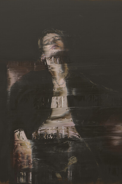 Andy Denzler, Male figure on a leather chair, 2025. Courtesy of Opera Gallery